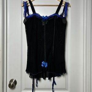 Escanté Vintage Black Blue Mesh Bustier Corset Garter Top Dark Coquette Style